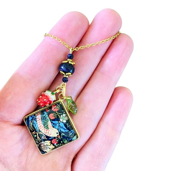 Strawberry Thief Pendant Necklace, William Morris Bird Cottage Core, Sandstone - Picture 4 of 8